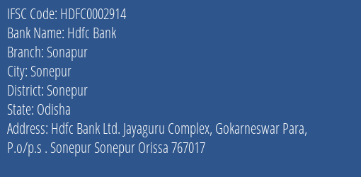 Hdfc Bank Sonapur Branch Sonepur IFSC Code HDFC0002914