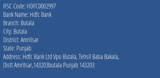 Hdfc Bank Butala Branch Amritsar IFSC Code HDFC0002997