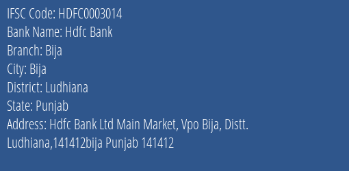 Hdfc Bank Bija Branch Ludhiana IFSC Code HDFC0003014