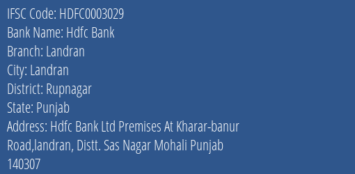 Hdfc Bank Landran Branch, Branch Code 003029 & IFSC Code Hdfc0003029