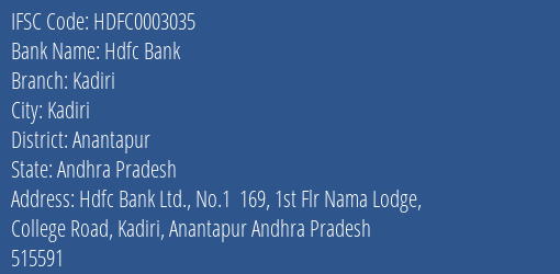 Hdfc Bank Kadiri Branch Anantapur IFSC Code HDFC0003035
