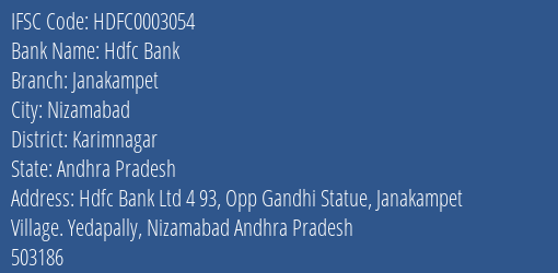 Hdfc Bank Janakampet Branch Karimnagar IFSC Code HDFC0003054