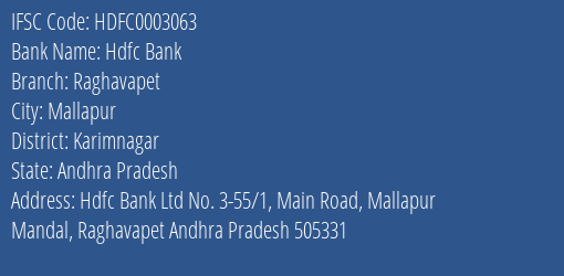 Hdfc Bank Raghavapet Branch Karimnagar IFSC Code HDFC0003063