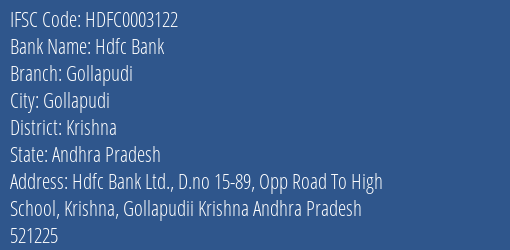 Hdfc Bank Gollapudi Branch Krishna IFSC Code HDFC0003122