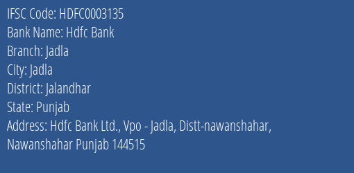 Hdfc Bank Jadla Branch Jalandhar IFSC Code HDFC0003135