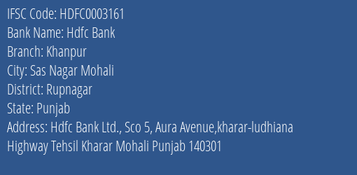 Hdfc Bank Khanpur Branch Rupnagar IFSC Code HDFC0003161
