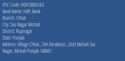 Hdfc Bank Chhat Branch Rupnagar IFSC Code HDFC0003163