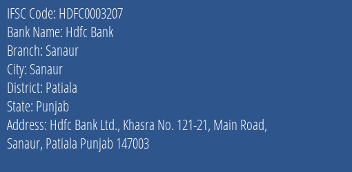 Hdfc Bank Sanaur Branch Patiala IFSC Code HDFC0003207