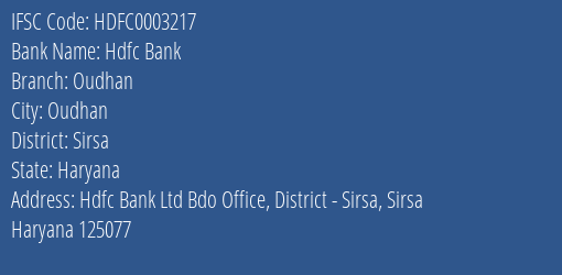 Hdfc Bank Oudhan Branch Sirsa IFSC Code HDFC0003217
