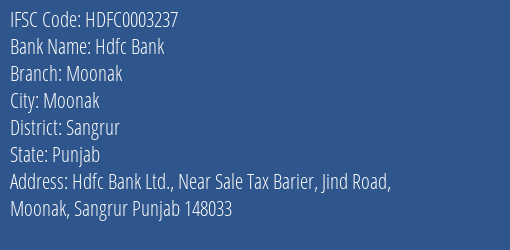 Hdfc Bank Moonak Branch Sangrur IFSC Code HDFC0003237