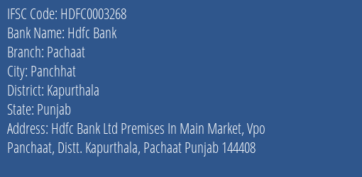Hdfc Bank Pachaat Branch Kapurthala IFSC Code HDFC0003268