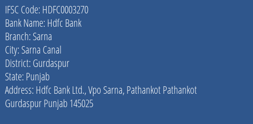 Hdfc Bank Sarna Branch Gurdaspur IFSC Code HDFC0003270