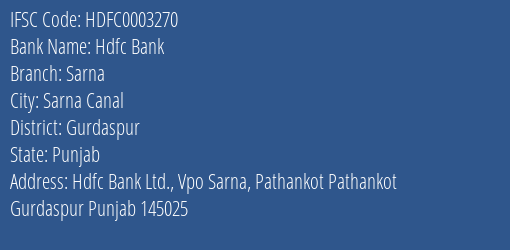 Hdfc Bank Sarna Branch, Branch Code 003270 & IFSC Code Hdfc0003270