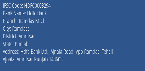 Hdfc Bank Ramdas M Cl Branch Amritsar IFSC Code HDFC0003294