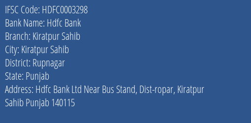 Hdfc Bank Kiratpur Sahib Branch, Branch Code 003298 & IFSC Code Hdfc0003298