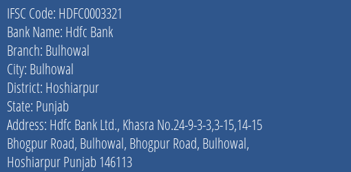 Hdfc Bank Bulhowal Branch, Branch Code 003321 & IFSC Code Hdfc0003321