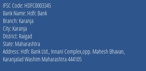Hdfc Bank Karanja Branch Raigad IFSC Code HDFC0003345