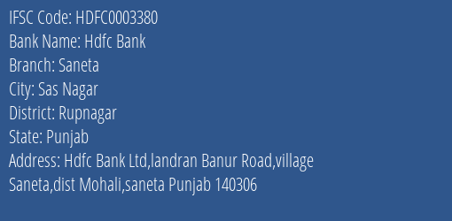 Hdfc Bank Saneta Branch Rupnagar IFSC Code HDFC0003380