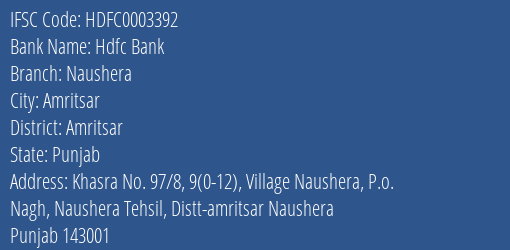 Hdfc Bank Naushera Branch Amritsar IFSC Code HDFC0003392