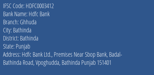 Hdfc Bank Ghhuda Branch Bathinda IFSC Code HDFC0003412