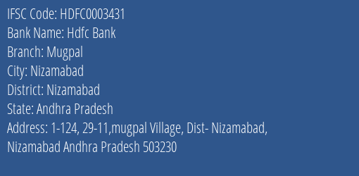 Hdfc Bank Mugpal Branch Nizamabad IFSC Code HDFC0003431