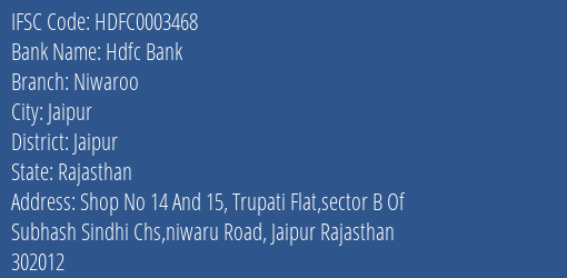 Hdfc Bank Niwaroo Branch Jaipur IFSC Code HDFC0003468