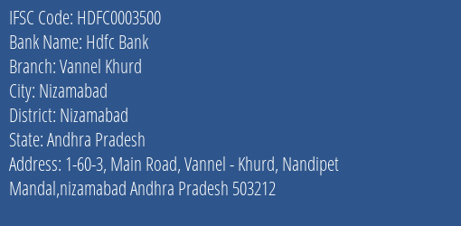 Hdfc Bank Vannel Khurd Branch, Branch Code 003500 & IFSC Code Hdfc0003500