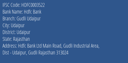 Hdfc Bank Gudli Udaipur Branch Udaipur IFSC Code HDFC0003522