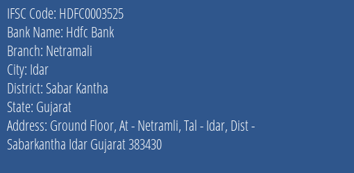Hdfc Bank Netramali Branch Sabar Kantha IFSC Code HDFC0003525