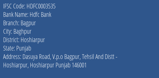 Hdfc Bank Bagpur Branch, Branch Code 003535 & IFSC Code Hdfc0003535