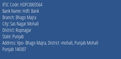 Hdfc Bank Bhago Majra Branch, Branch Code 003564 & IFSC Code Hdfc0003564