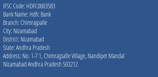 Hdfc Bank Chimrajpalle Branch Nizamabad IFSC Code HDFC0003583
