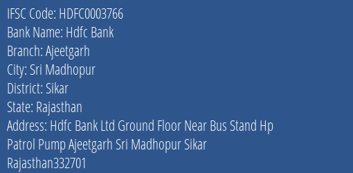 Hdfc Bank Ajeetgarh Branch, Branch Code 003766 & IFSC Code Hdfc0003766