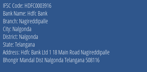 Hdfc Bank Nagireddipalle Branch, Branch Code 003916 & IFSC Code HDFC0003916