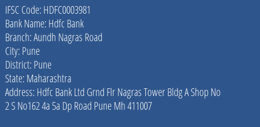 Hdfc Bank Aundh Nagras Road Branch Pune IFSC Code HDFC0003981