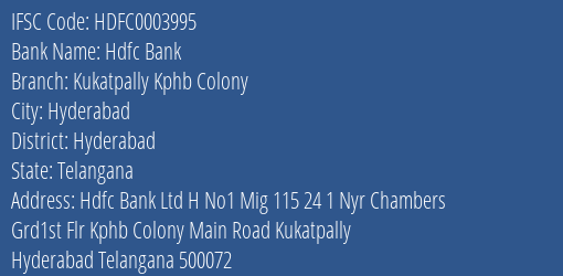 Hdfc Bank Kukatpally Kphb Colony Branch, Branch Code 003995 & IFSC Code Hdfc0003995