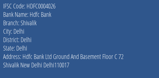 Hdfc Bank Shivalik Branch, Branch Code 004026 & IFSC Code Hdfc0004026