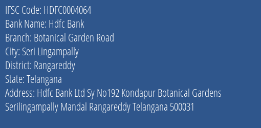 Hdfc Bank Botanical Garden Road Branch, Branch Code 004064 & IFSC Code HDFC0004064