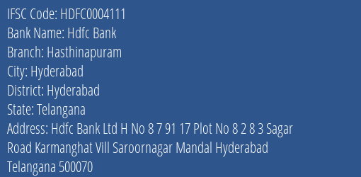 Hdfc Bank Hasthinapuram Branch, Branch Code 004111 & IFSC Code Hdfc0004111