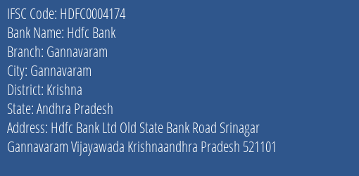 Hdfc Bank Gannavaram Branch, Branch Code 004174 & IFSC Code Hdfc0004174