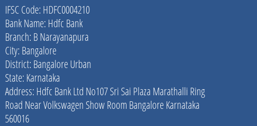 Hdfc Bank B Narayanapura Branch Bangalore Urban IFSC Code HDFC0004210