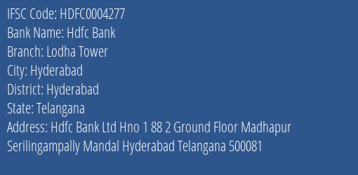 Hdfc Bank Lodha Tower Branch, Branch Code 004277 & IFSC Code Hdfc0004277