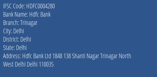 Hdfc Bank Trinagar Branch Delhi IFSC Code HDFC0004280