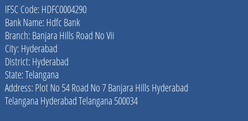 Hdfc Bank Banjara Hills Road No Vii Branch, Branch Code 004290 & IFSC Code Hdfc0004290