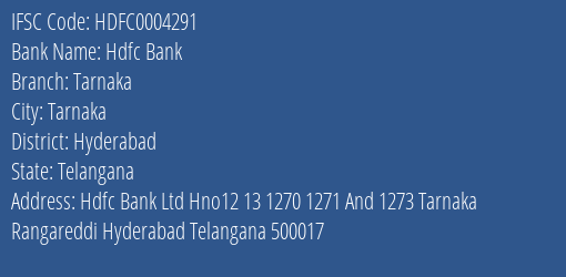 Hdfc Bank Tarnaka Branch, Branch Code 004291 & IFSC Code Hdfc0004291