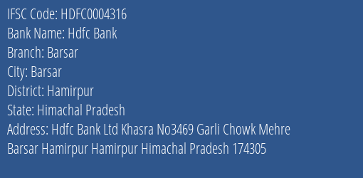 Hdfc Bank Barsar Branch Hamirpur IFSC Code HDFC0004316