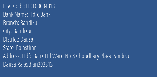 Hdfc Bank Bandikui Branch Dausa IFSC Code HDFC0004318