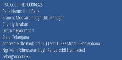 Hdfc Bank Moosarambagh Dilsukhnagar Branch Hyderabad IFSC Code HDFC0004326
