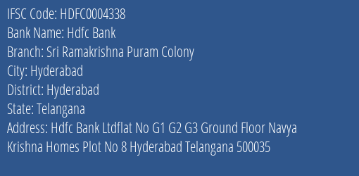 Hdfc Bank Sri Ramakrishna Puram Colony Branch, Branch Code 004338 & IFSC Code Hdfc0004338