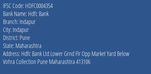 Hdfc Bank Indapur Branch Pune IFSC Code HDFC0004354